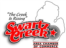 Swartz Creek Area Chamber of Commerce Logo containing the state of Michigan outline with "The Creek is Rising" slogan